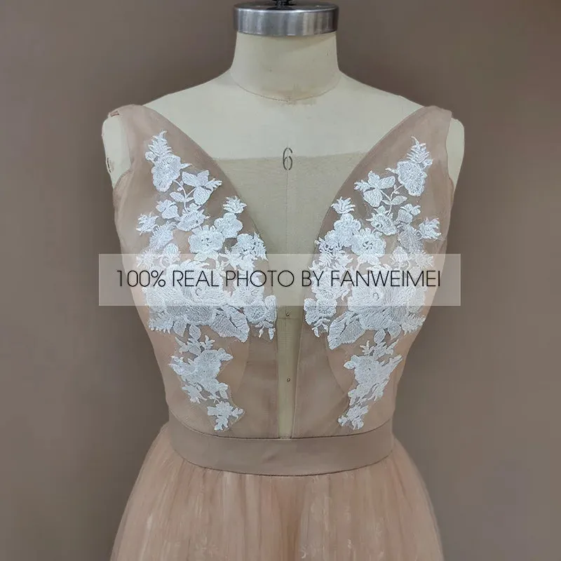 Wedding Dress Deep V-Neck Open Back Sleeveless A-Line Bohemian