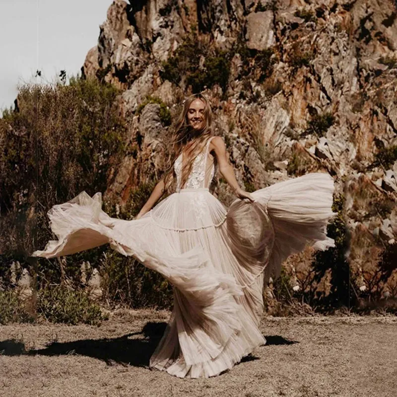 Wedding Dress Deep V-Neck Open Back Sleeveless A-Line Bohemian