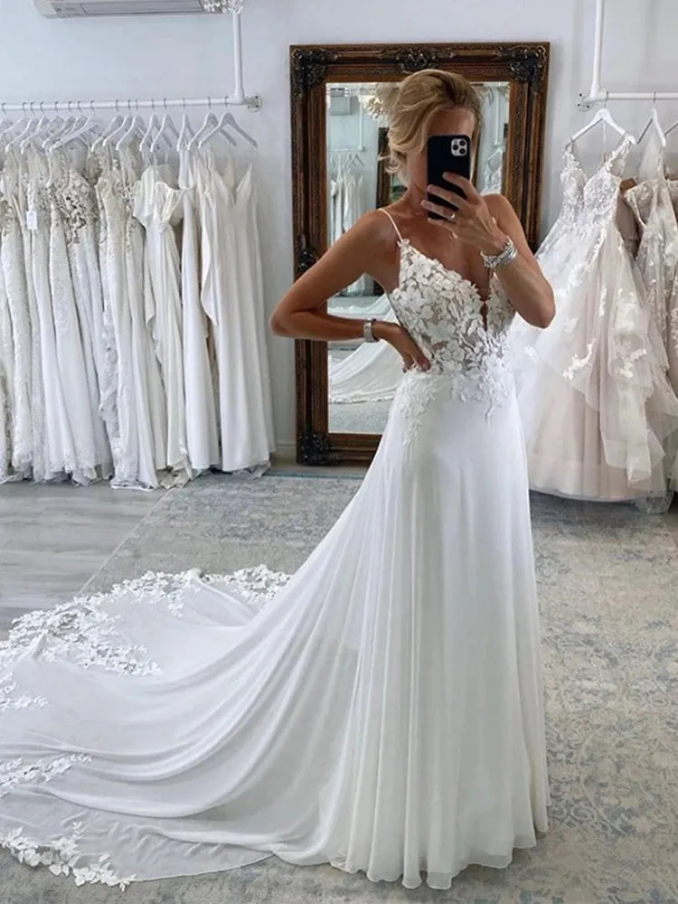 Wedding Dresses V Neck Spathetti Straps A Line Bride Dresses Floor Length