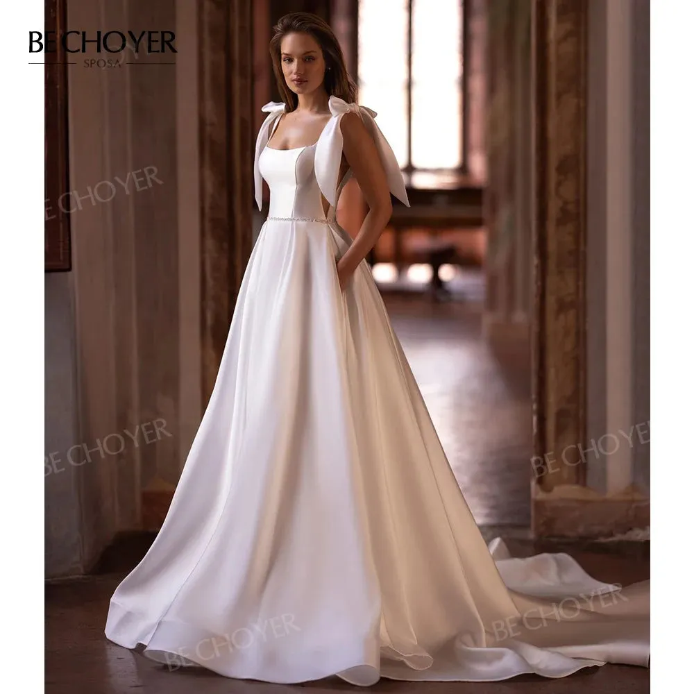 Wedding Guest Dresses: Wedding Dress Chic Bow Straps A-Line Open Back Bride Gown