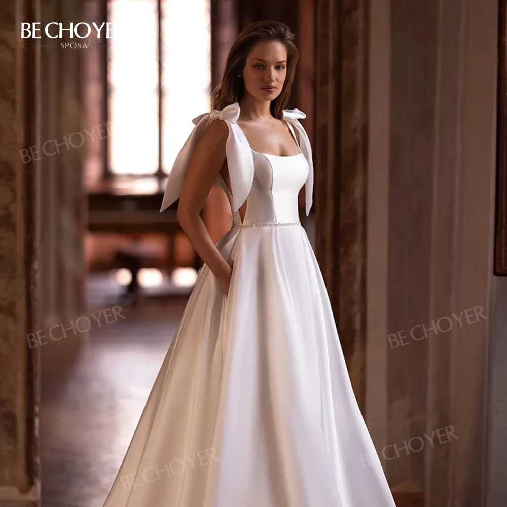 Wedding Guest Dresses: Wedding Dress Chic Bow Straps A-Line Open Back Bride Gown