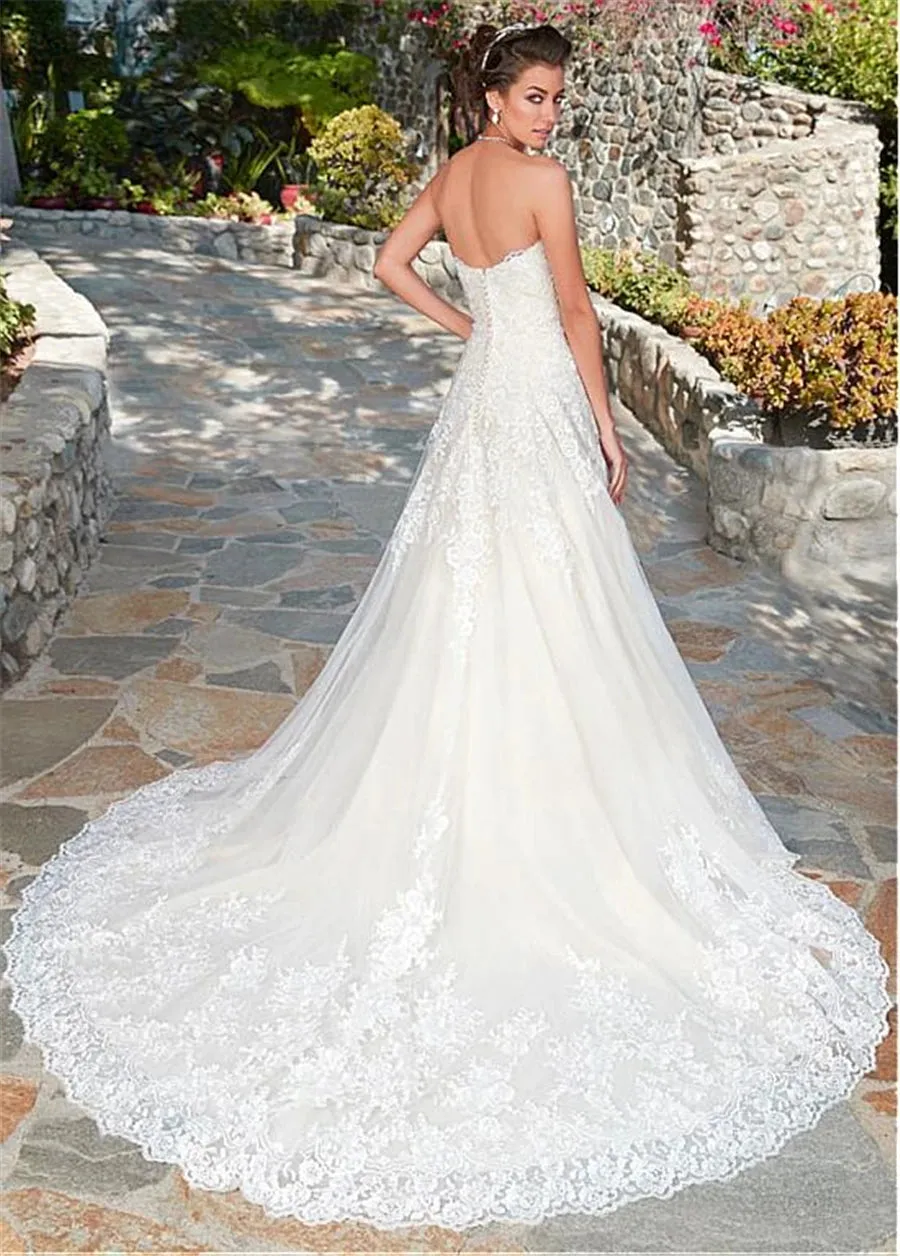 Wedding Guest Dresses: White Sweetheart Neck Tulle Lace Applique A-line