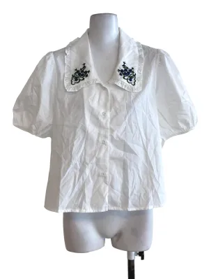 White Embroidered Neck Blouse