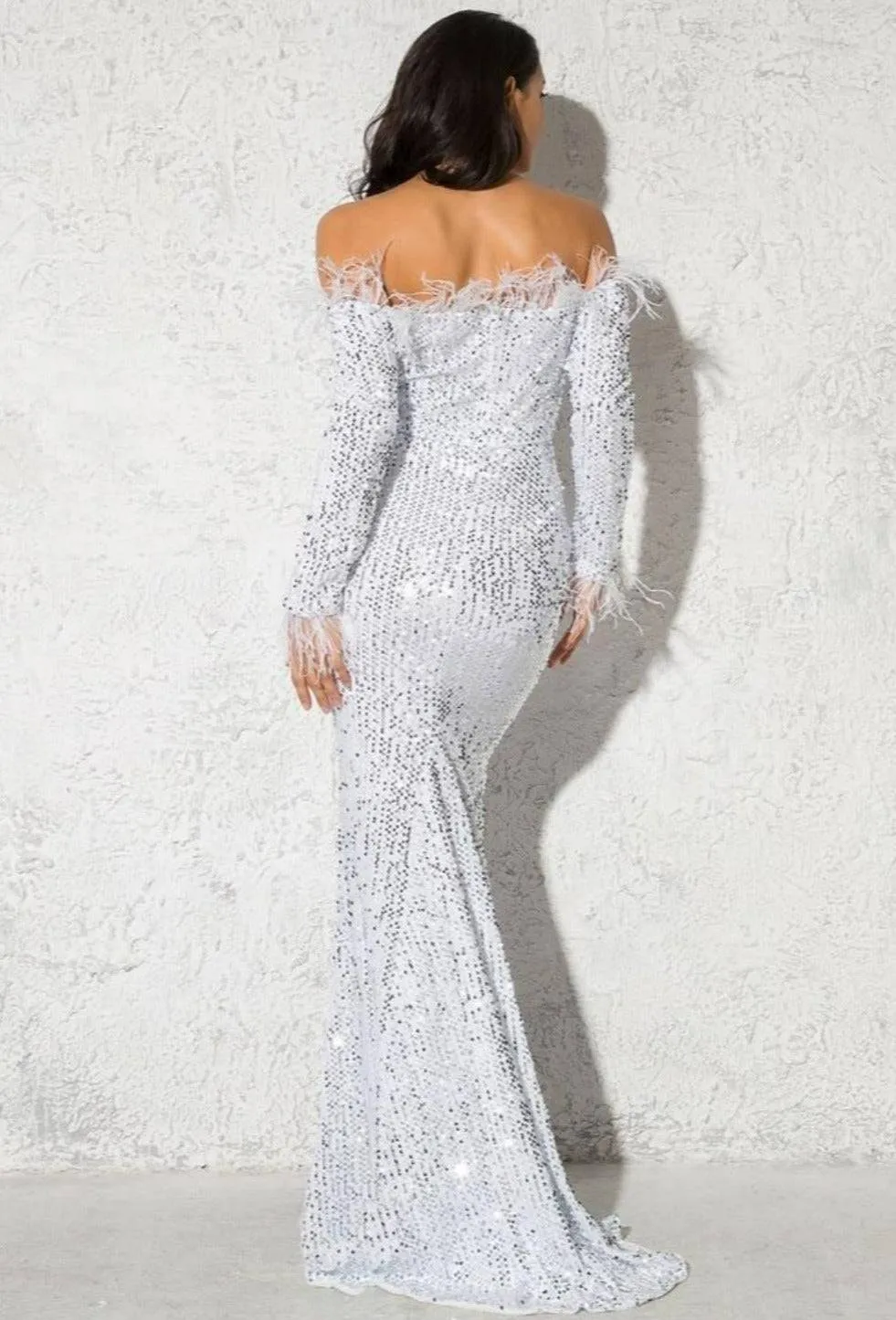 White Sequin Strapless Feather Long Sleeve Maxi Dress