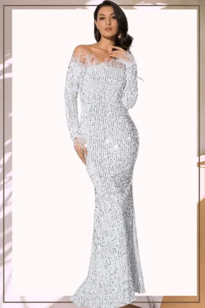 White Sequin Strapless Feather Long Sleeve Maxi Dress