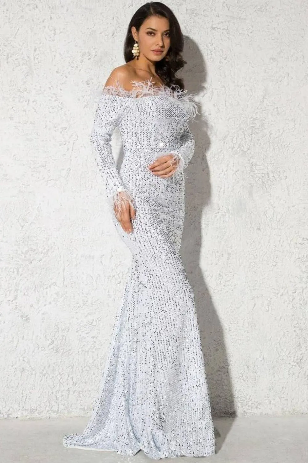 White Sequin Strapless Feather Long Sleeve Maxi Dress