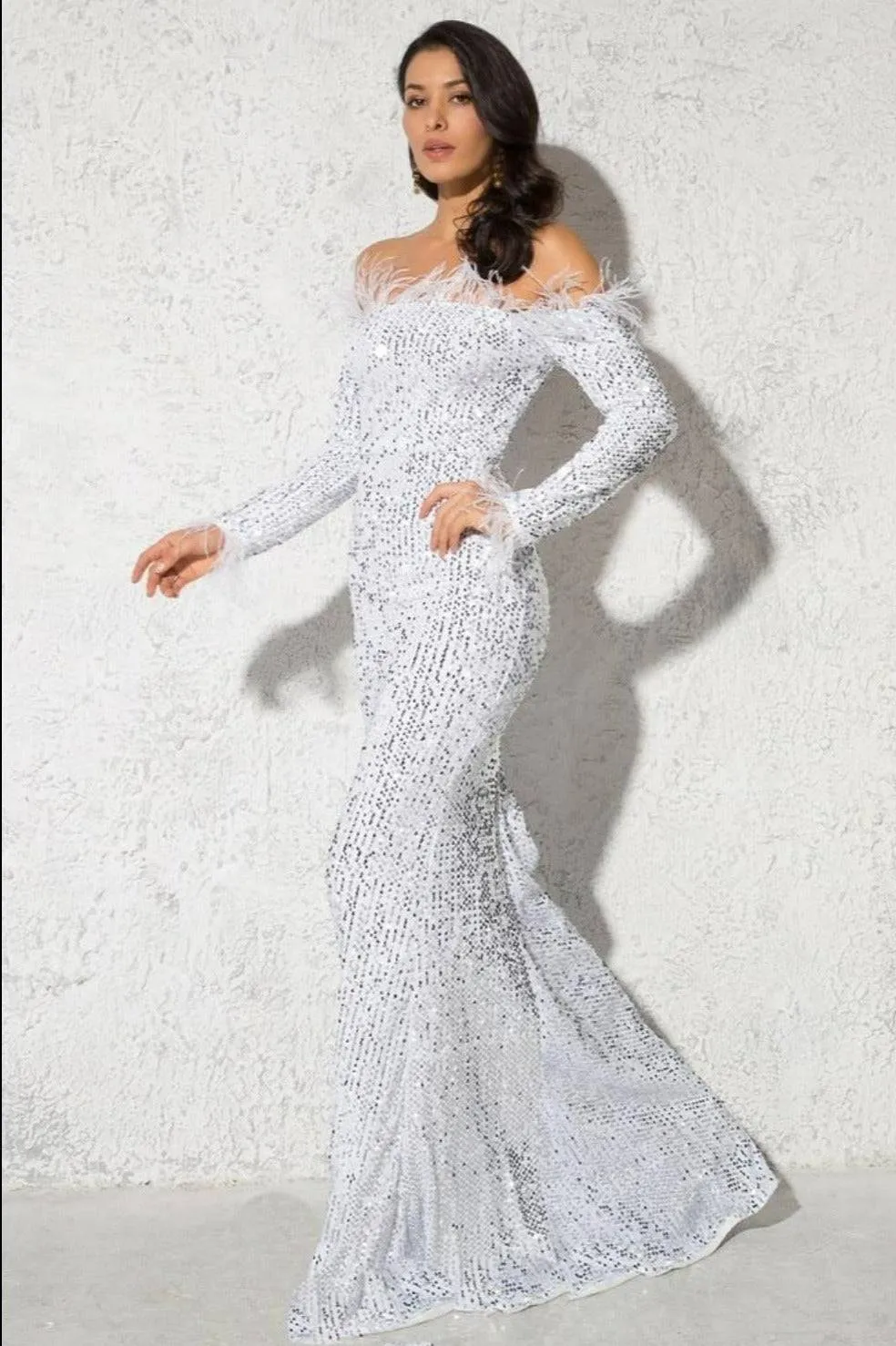 White Sequin Strapless Feather Long Sleeve Maxi Dress