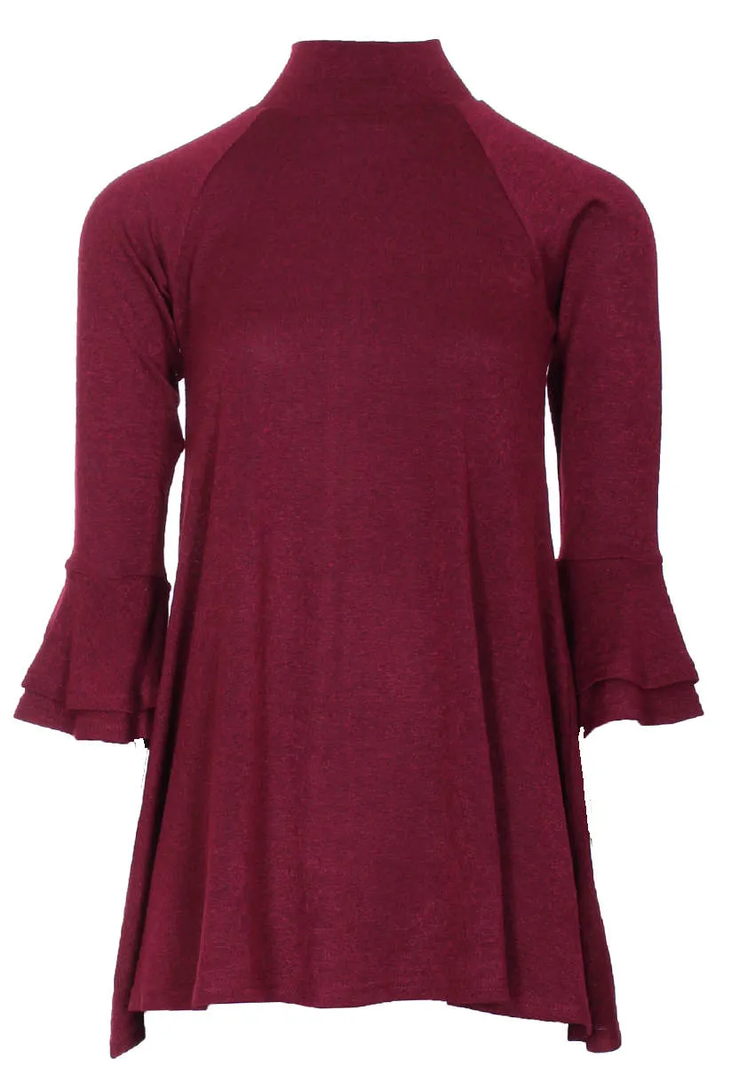 Wine High Neck A-line Dress With Flared Cuffs