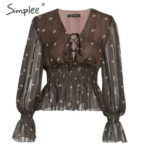 Women blouse up lantern sleeve brown top shirts