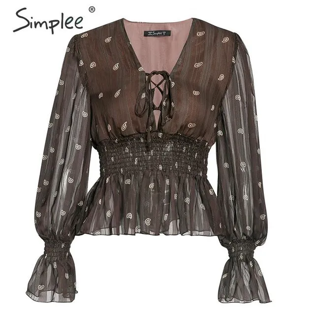 Women blouse up lantern sleeve brown top shirts