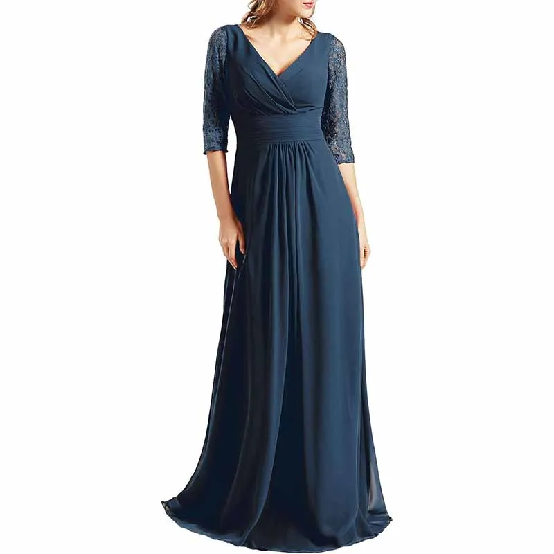 Women Bridesmaid Dress V Neck 3/4 Sleeves Long Wedding Party Mother Bride Dresses Gown