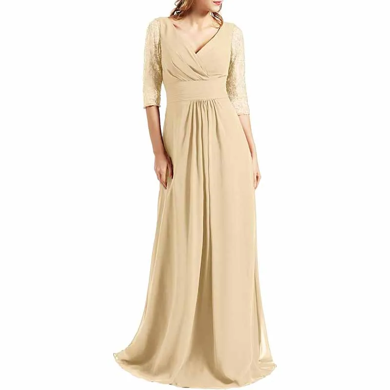 Women Bridesmaid Dress V Neck 3/4 Sleeves Long Wedding Party Mother Bride Dresses Gown