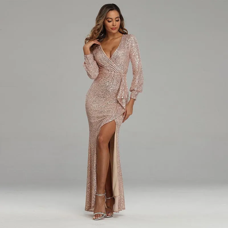 Women Long Prom Dress Sequin Party Dress Long Sleeve High Split Rose Gold Evening Dress