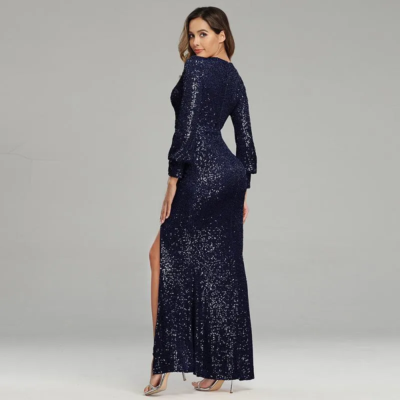 Women Long Prom Dress Sequin Party Dress Long Sleeve High Split Rose Gold Evening Dress