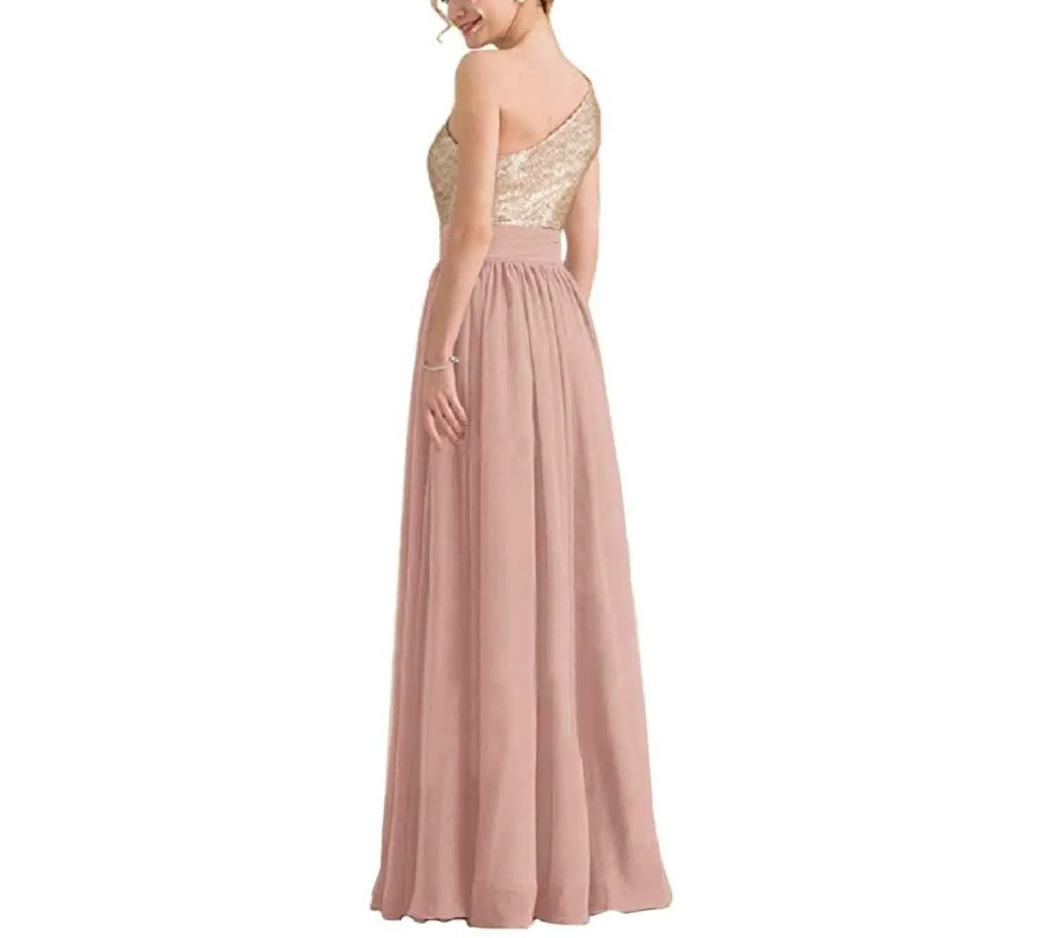 Women One Shoulder Sequin Bridesmaid Dresses Long Chiffon Formal Dresses