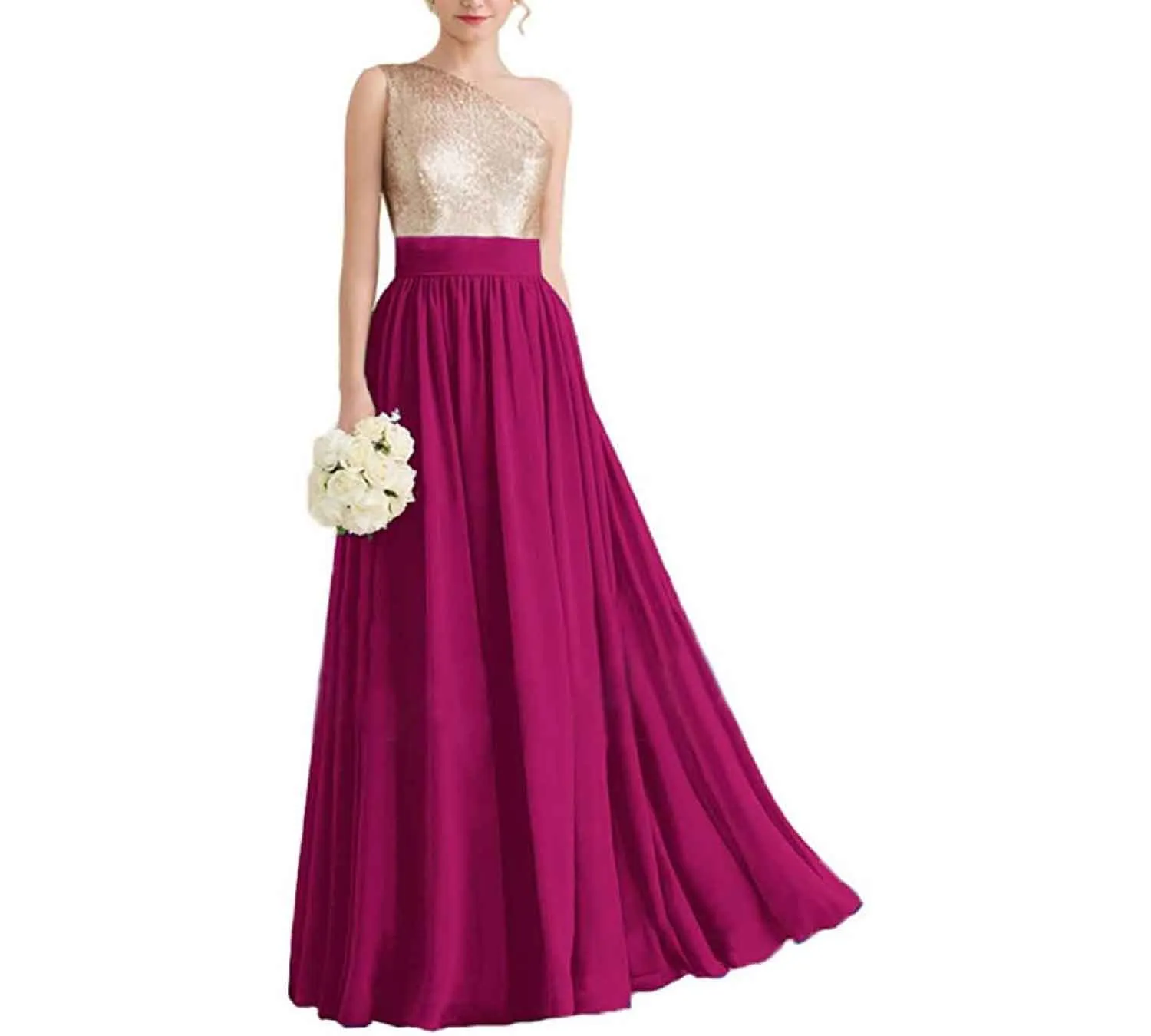 Women One Shoulder Sequin Bridesmaid Dresses Long Chiffon Formal Dresses
