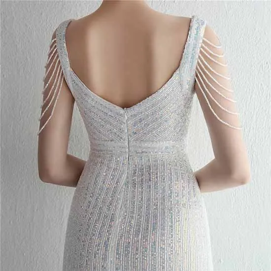 Women Sequin Fishtail V Neck Maxi Bodycon Dress with Tassel Sleeves
