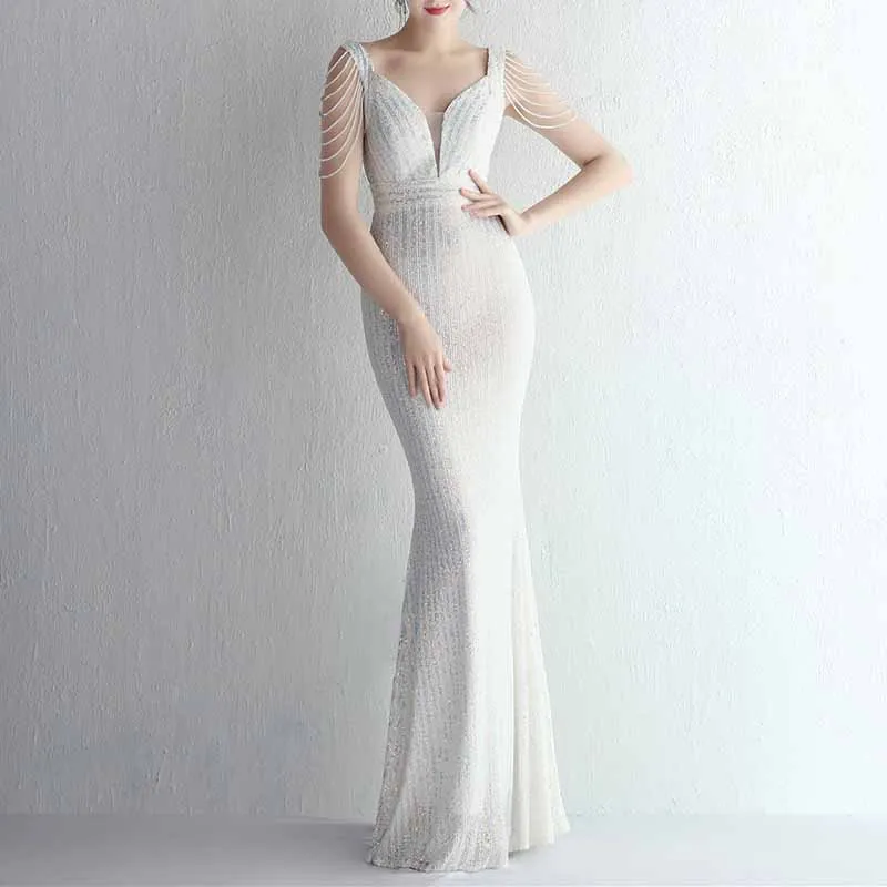 Women Sequin Fishtail V Neck Maxi Bodycon Dress with Tassel Sleeves
