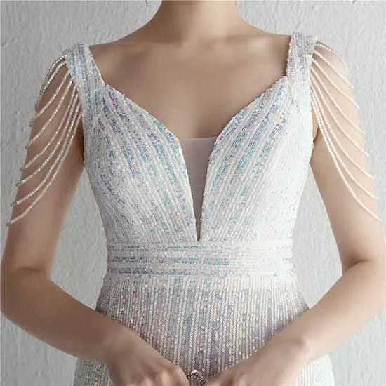 Women Sequin Fishtail V Neck Maxi Bodycon Dress with Tassel Sleeves