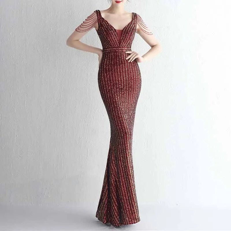 Women Sequin Fishtail V Neck Maxi Bodycon Dress with Tassel Sleeves