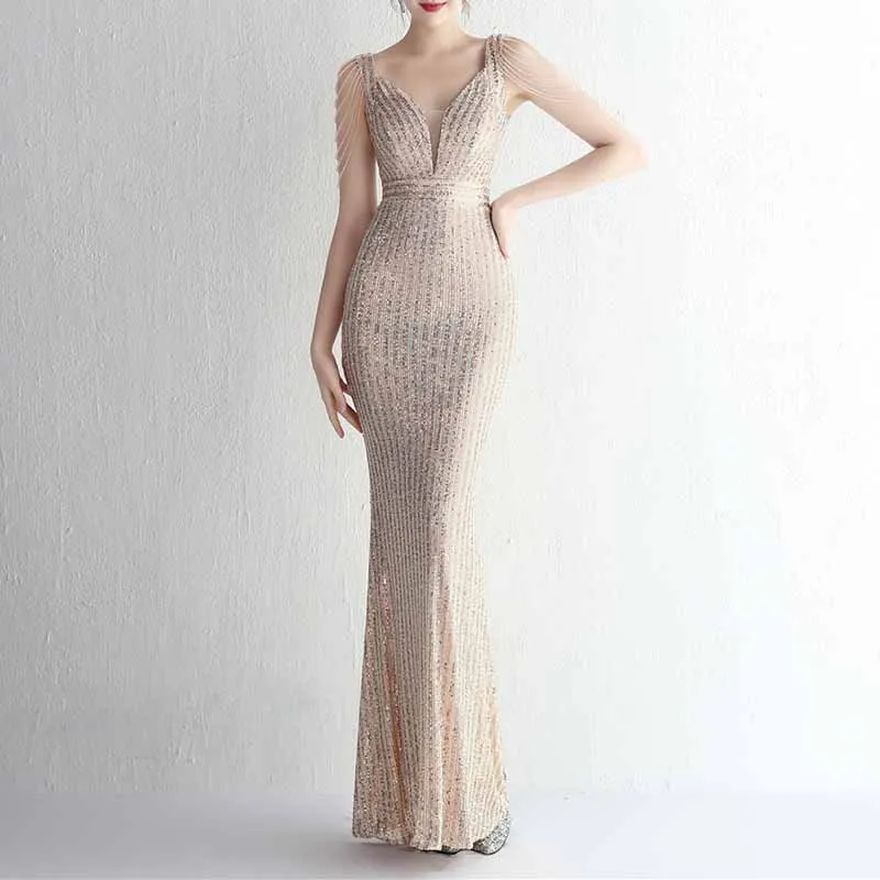 Women Sequin Fishtail V Neck Maxi Bodycon Dress with Tassel Sleeves