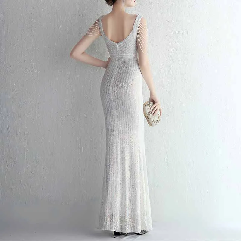 Women Sequin Fishtail V Neck Maxi Bodycon Dress with Tassel Sleeves