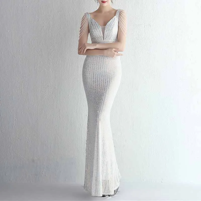 Women Sequin Fishtail V Neck Maxi Bodycon Dress with Tassel Sleeves