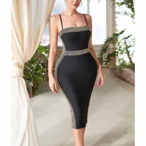 Women Sleeveless Spaghetti Party Dress Black Split Evening Cocktail Dress