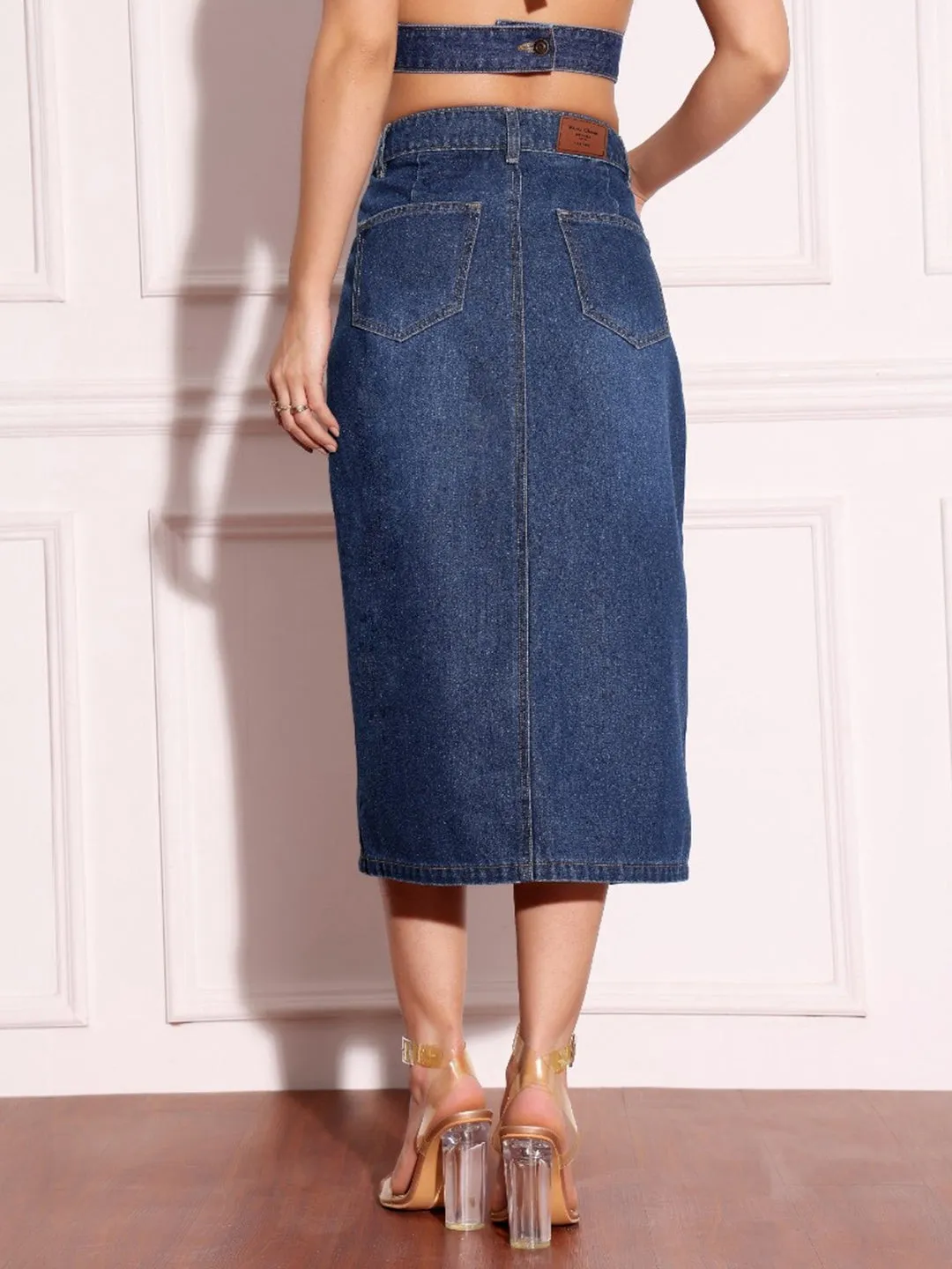 Women's Dark Blue A-Line High-Rise Non-Stretchable Denim Midi Skirt