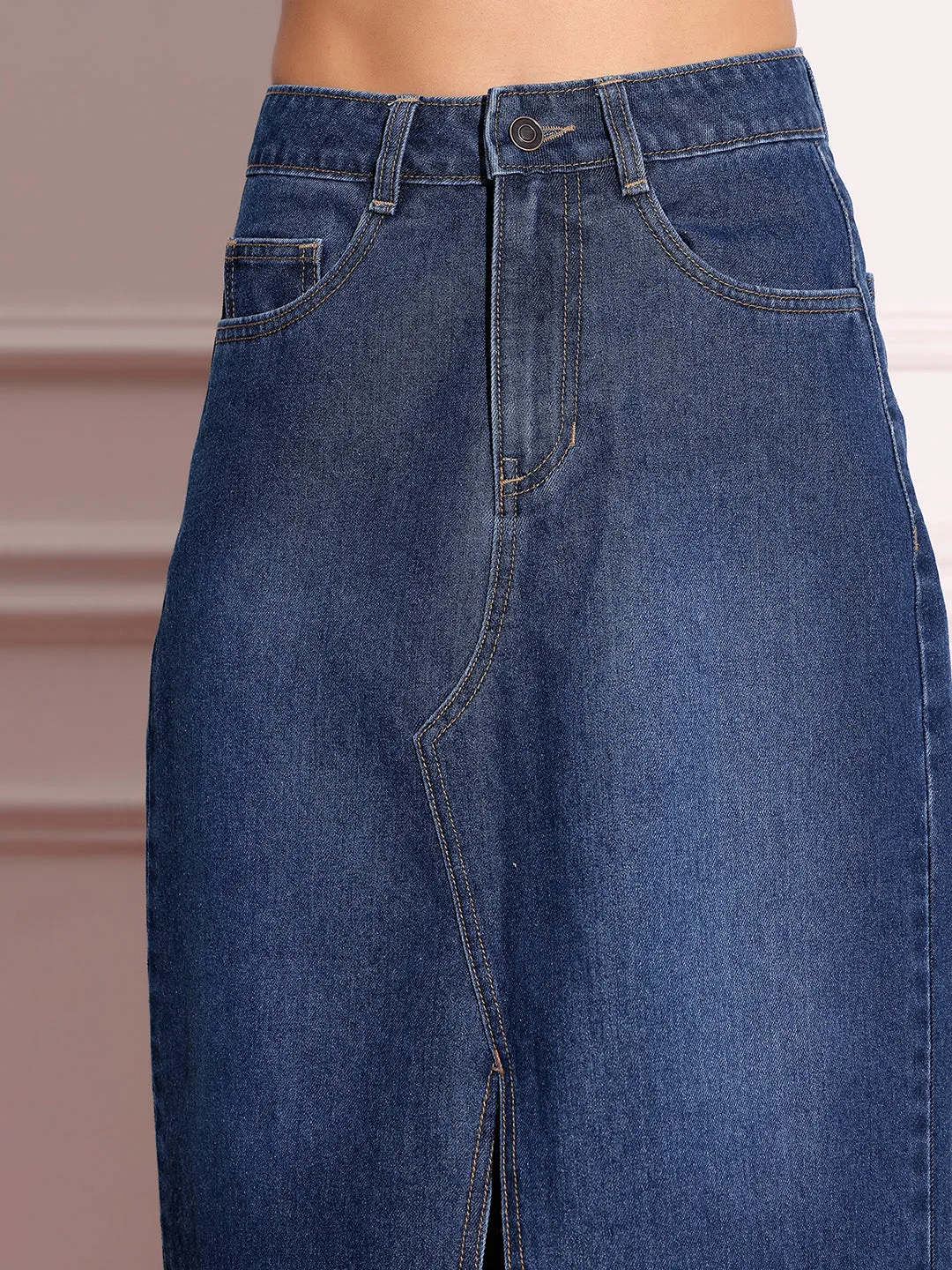 Women's Dark Blue A-Line High-Rise Non-Stretchable Denim Midi Skirt