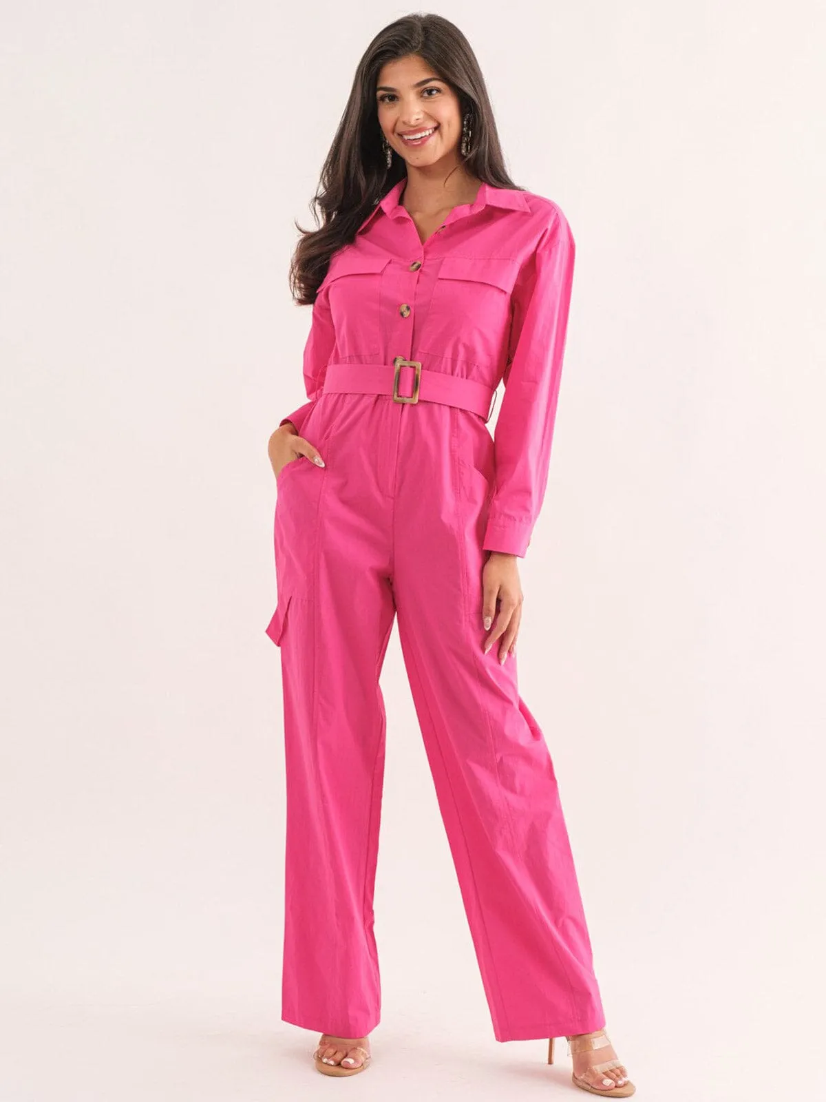 WOMEN'S LONG SLEEVE BUTTON UP POCKETS BELTED JUMPSUIT