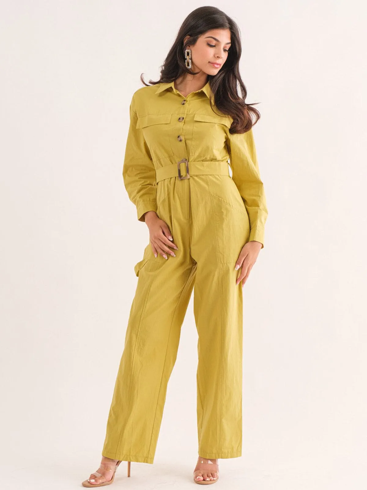WOMEN'S LONG SLEEVE BUTTON UP POCKETS BELTED JUMPSUIT