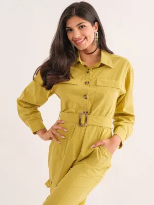 WOMEN'S LONG SLEEVE BUTTON UP POCKETS BELTED JUMPSUIT