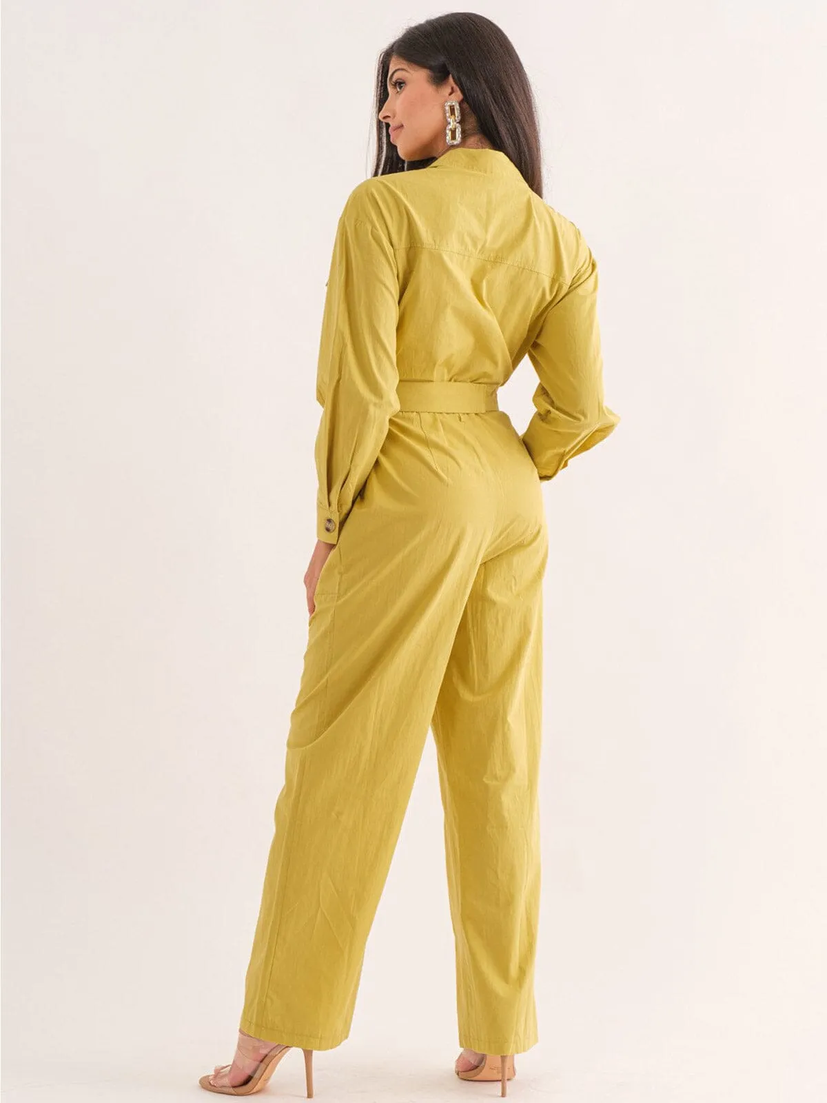 WOMEN'S LONG SLEEVE BUTTON UP POCKETS BELTED JUMPSUIT