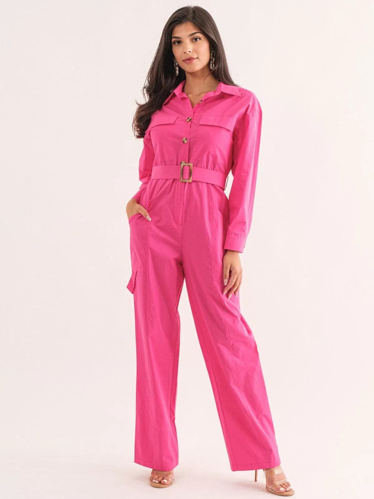 WOMEN'S LONG SLEEVE BUTTON UP POCKETS BELTED JUMPSUIT