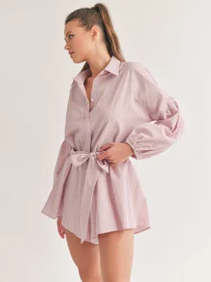 WOMEN'S LONG SLEEVE BUTTON UP SELF TIE STRIPES ROMPER