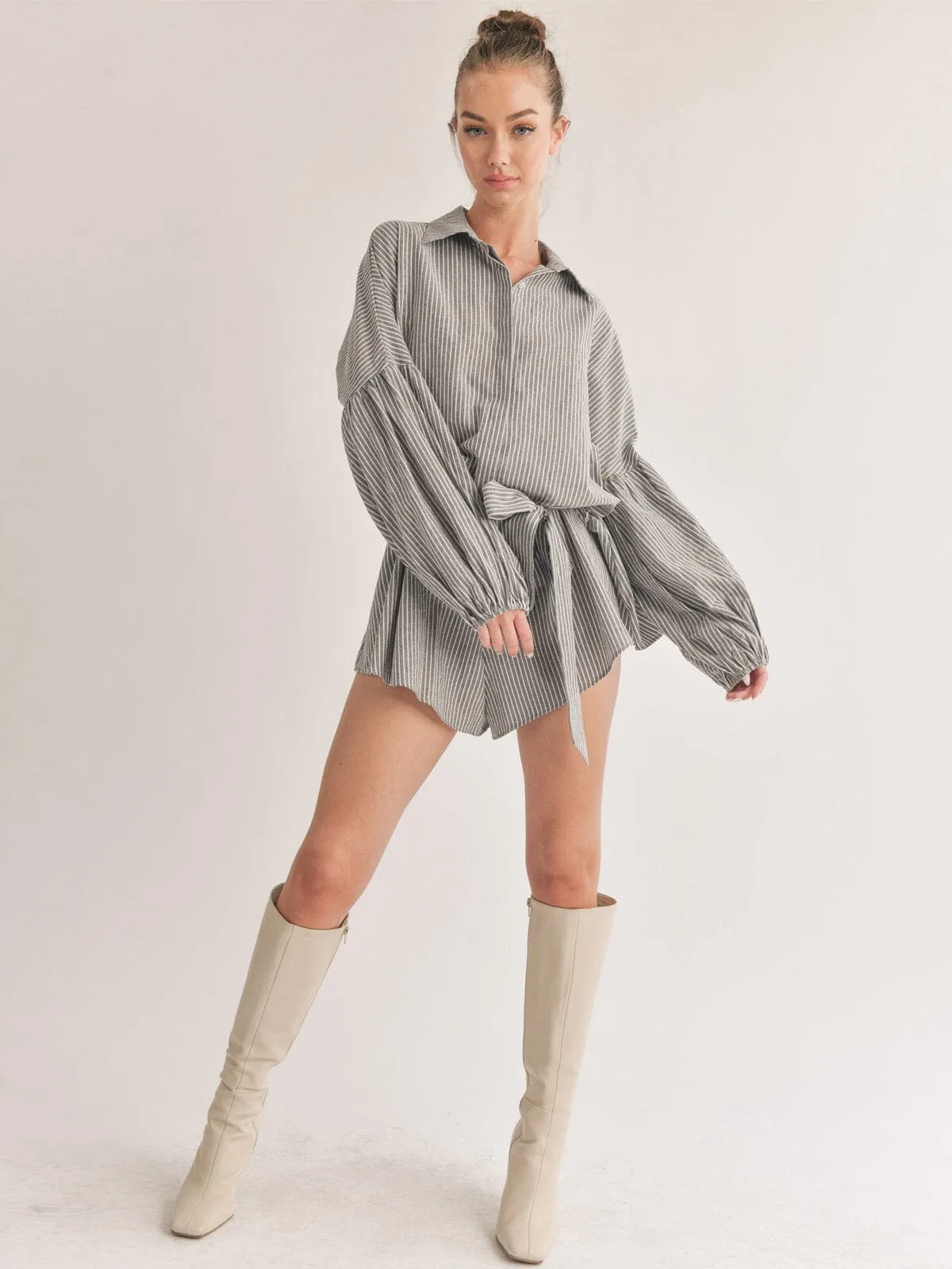 WOMEN'S LONG SLEEVE BUTTON UP SELF TIE STRIPES ROMPER