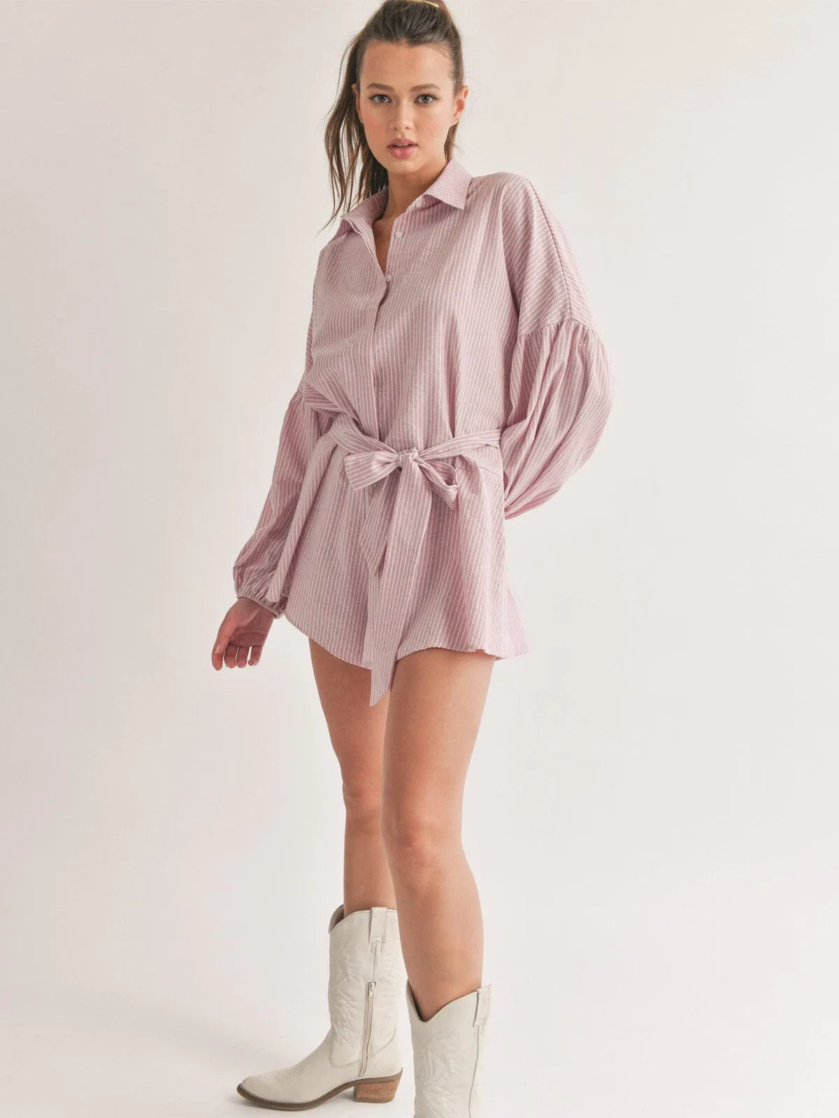 WOMEN'S LONG SLEEVE BUTTON UP SELF TIE STRIPES ROMPER