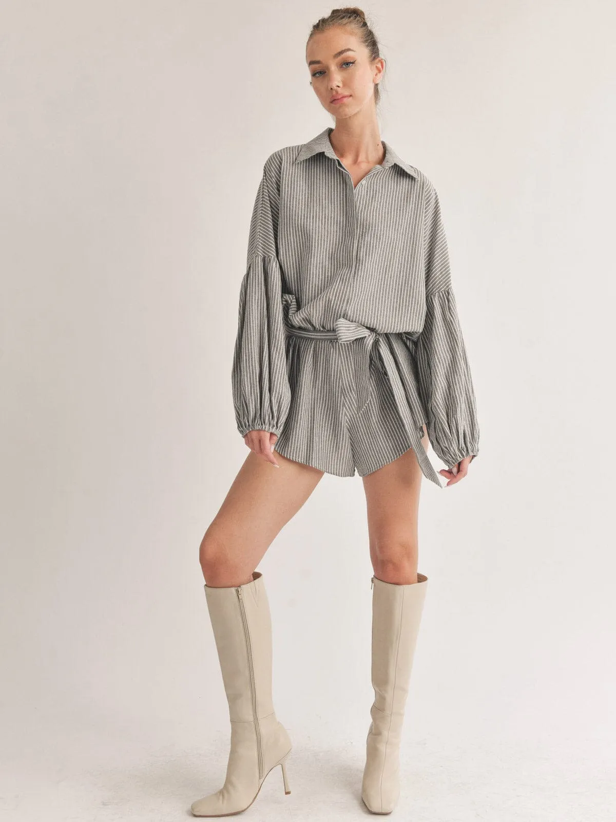 WOMEN'S LONG SLEEVE BUTTON UP SELF TIE STRIPES ROMPER