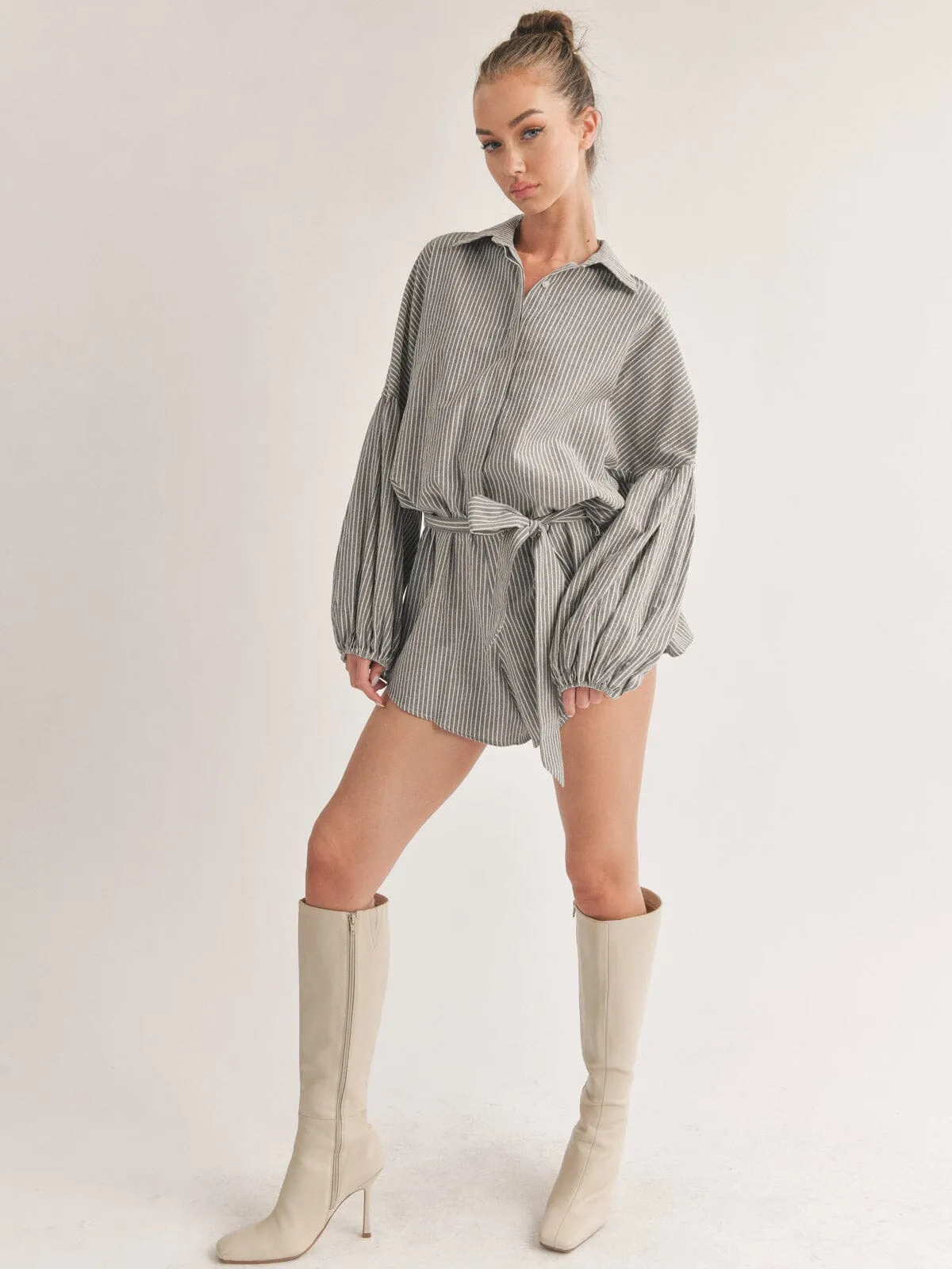 WOMEN'S LONG SLEEVE BUTTON UP SELF TIE STRIPES ROMPER