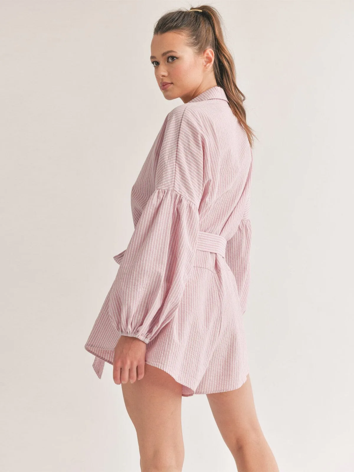 WOMEN'S LONG SLEEVE BUTTON UP SELF TIE STRIPES ROMPER