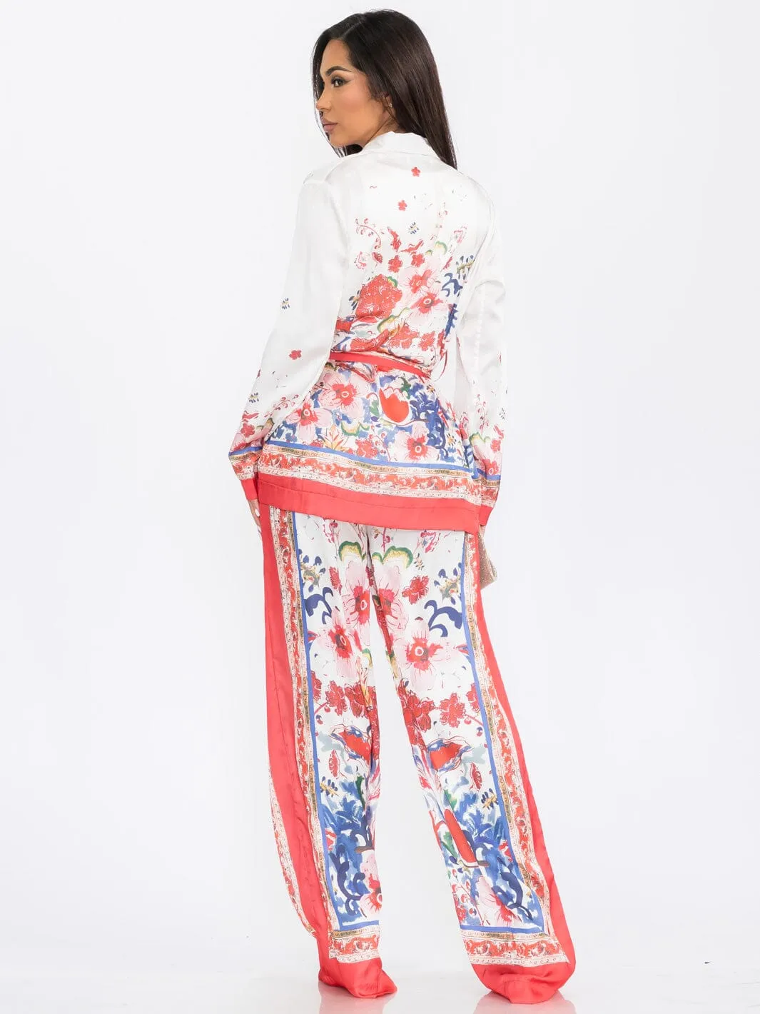 WOMEN'S LONG SLEEVE CARDIGAN & WIDE LEG PANTS FLORAL PRINT 2PC. SET