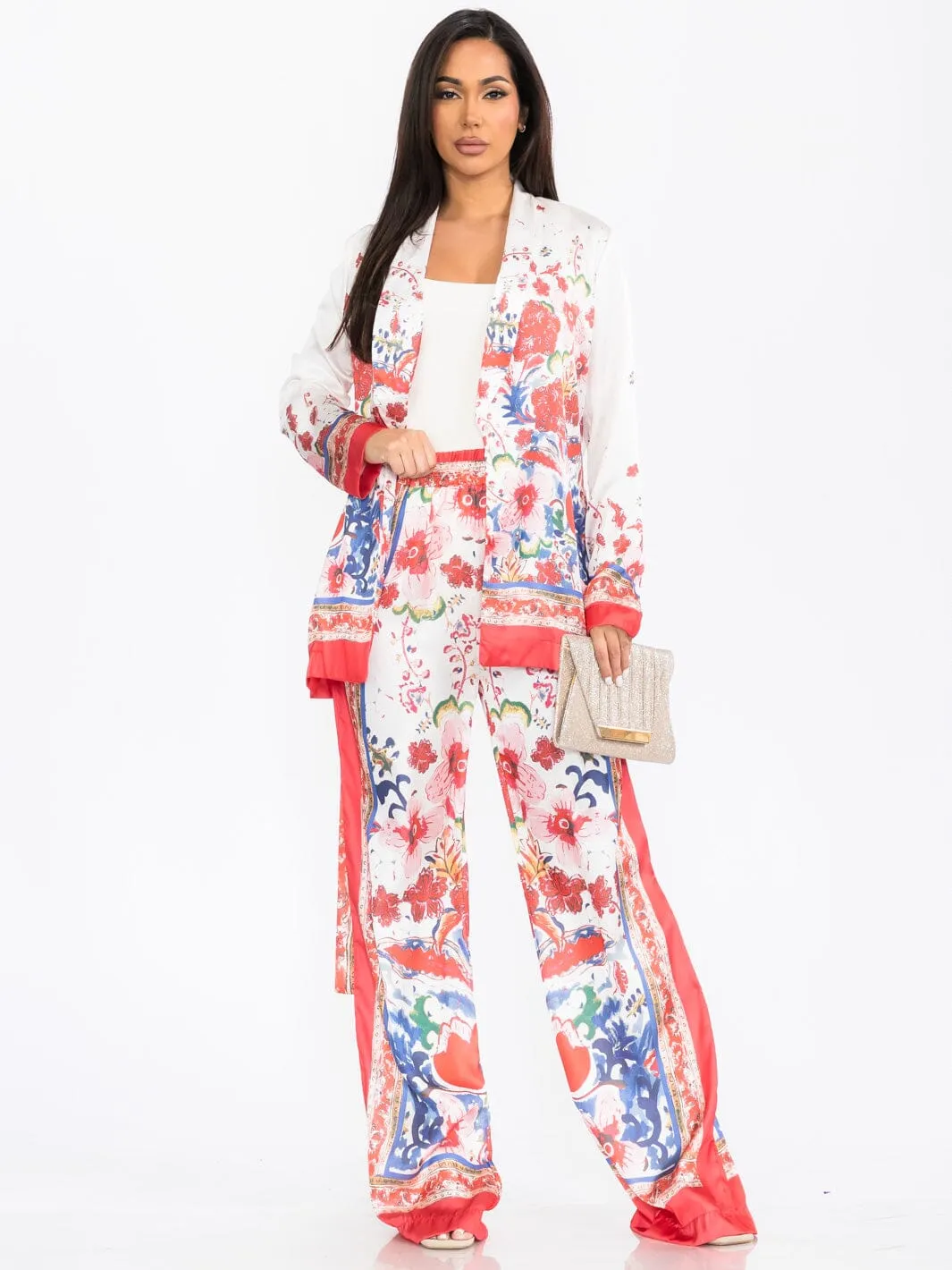 WOMEN'S LONG SLEEVE CARDIGAN & WIDE LEG PANTS FLORAL PRINT 2PC. SET