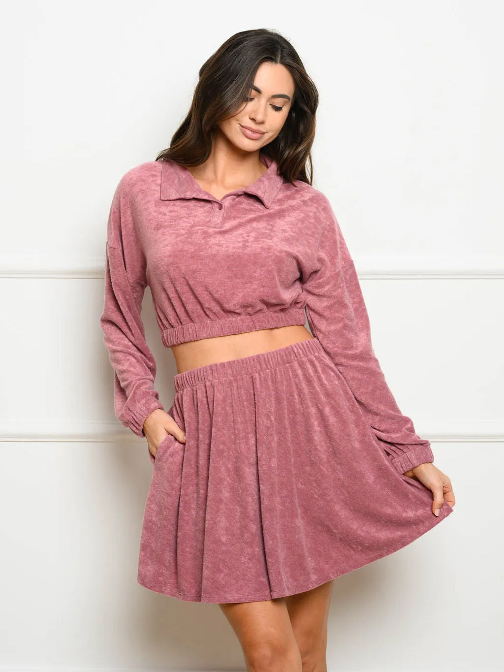 WOMEN'S LONG SLEEVE CROP TOP & MINI SKIRT 2PC. SET