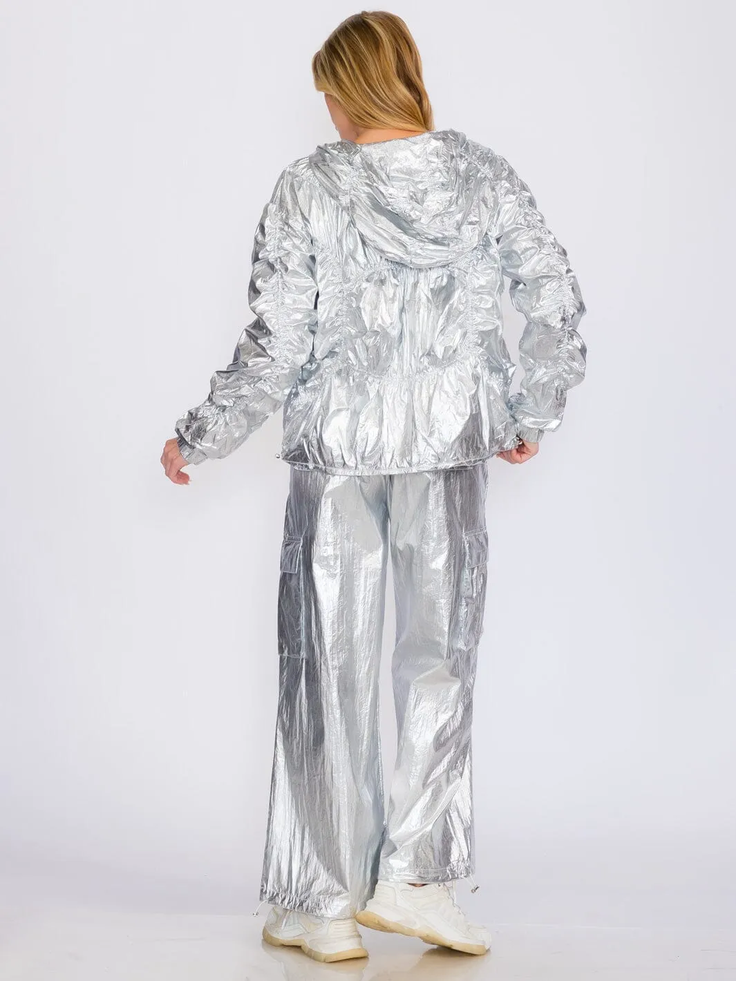 WOMEN'S LONG SLEEVE JACKET & WIDE LEG PANTS METALLIC RUCHED 2PC. SET