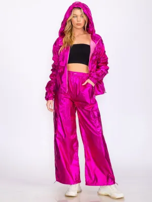 WOMEN'S LONG SLEEVE JACKET & WIDE LEG PANTS METALLIC RUCHED 2PC. SET