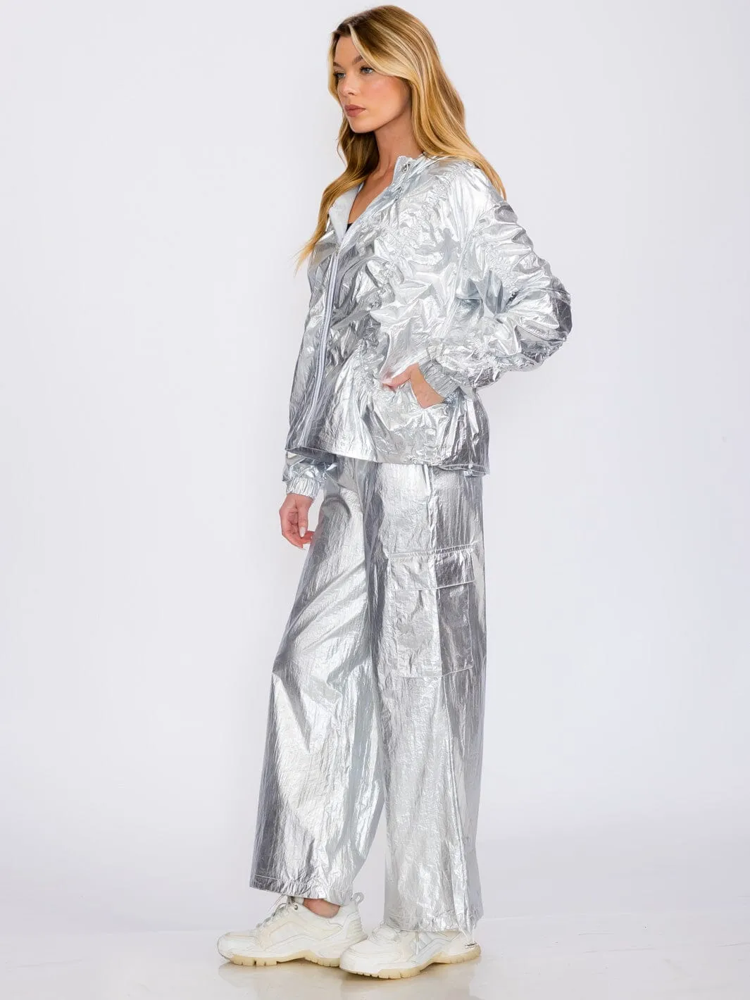 WOMEN'S LONG SLEEVE JACKET & WIDE LEG PANTS METALLIC RUCHED 2PC. SET