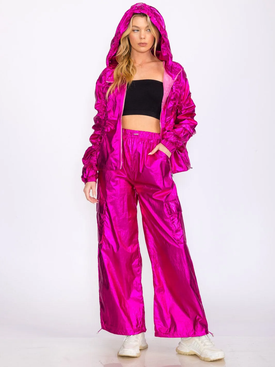 WOMEN'S LONG SLEEVE JACKET & WIDE LEG PANTS METALLIC RUCHED 2PC. SET
