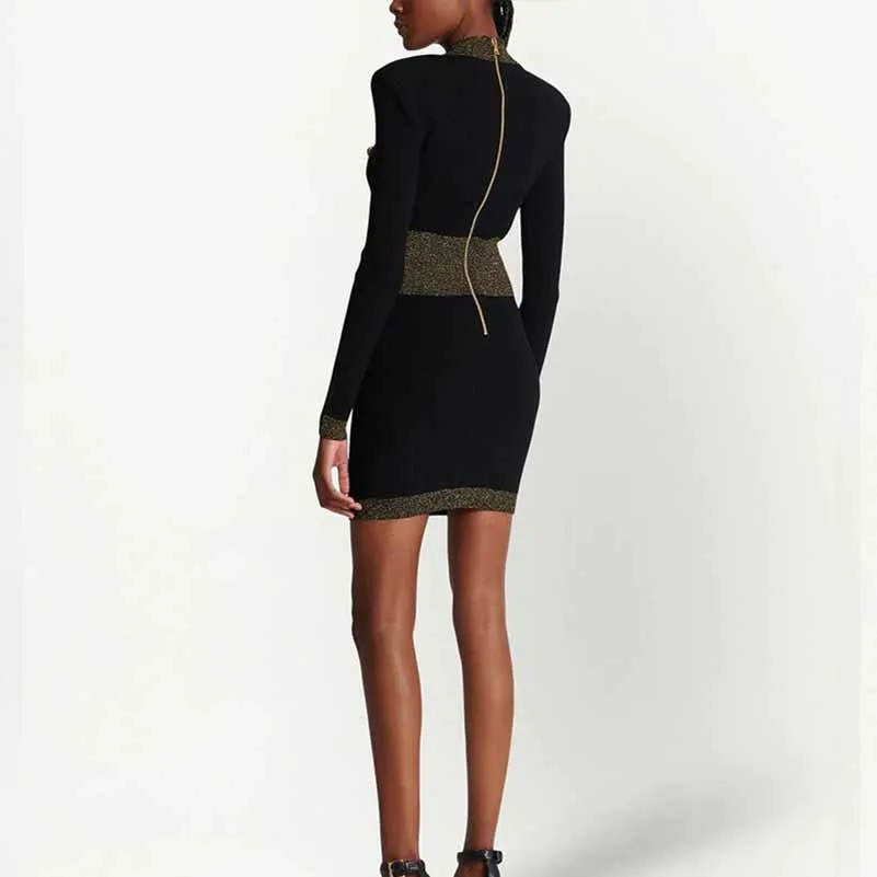 Women's long sleeve knitted minidress V-neck elegant dress with buttons