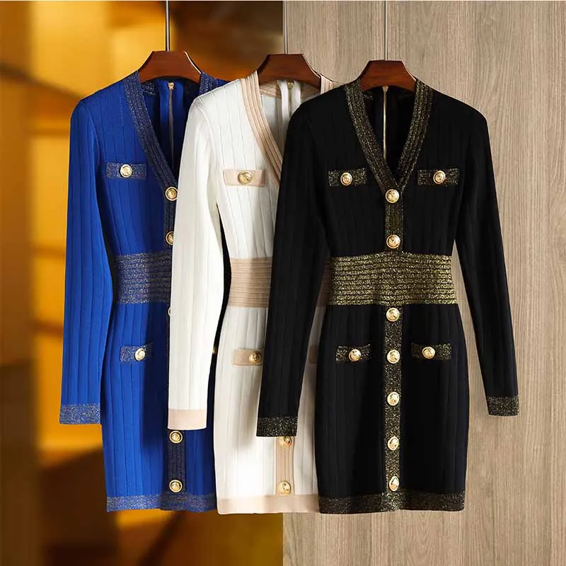 Women's long sleeve knitted minidress V-neck elegant dress with buttons